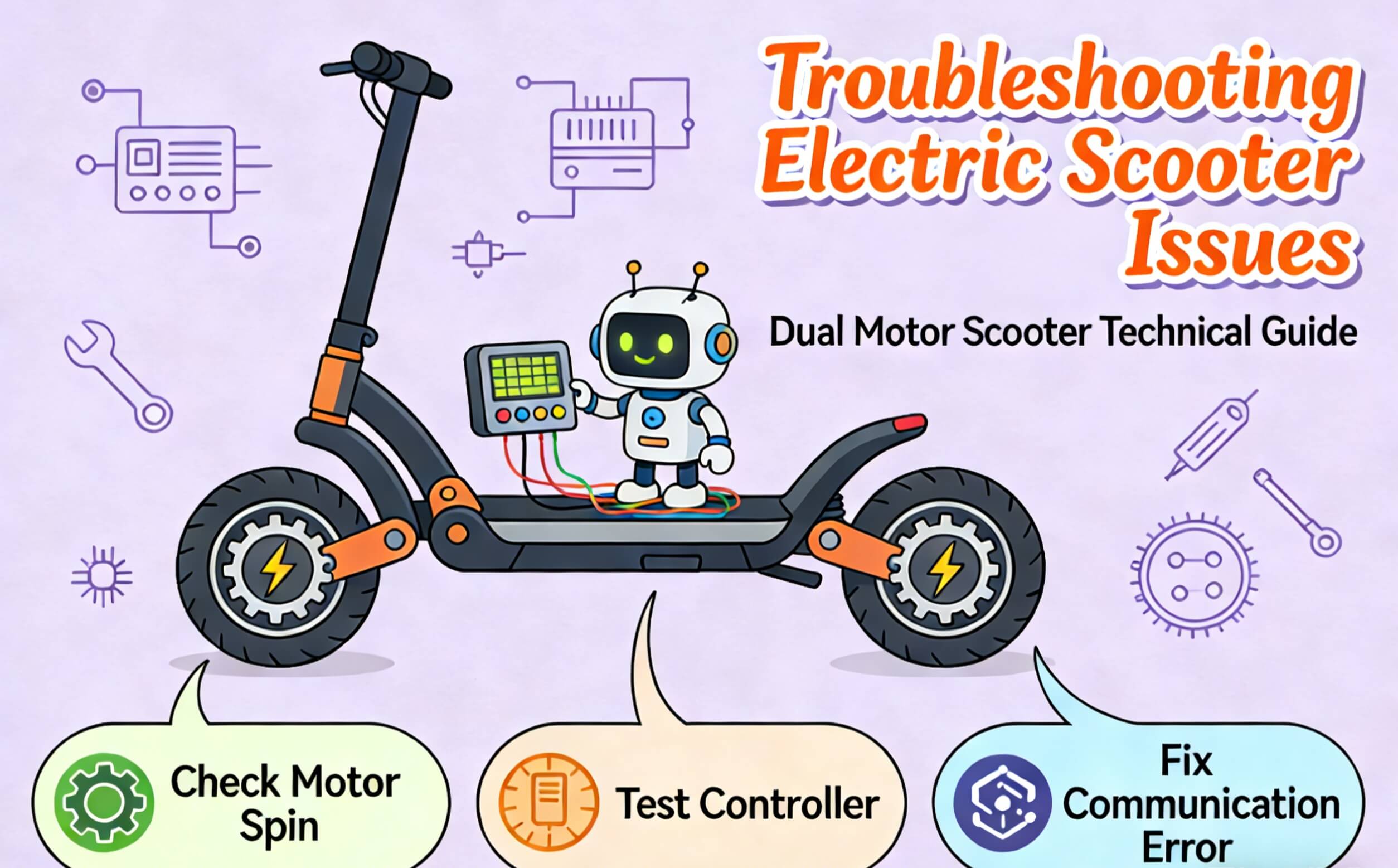 Dual motor electric scooter troubleshooting guide showing front and rear motor diagnosis